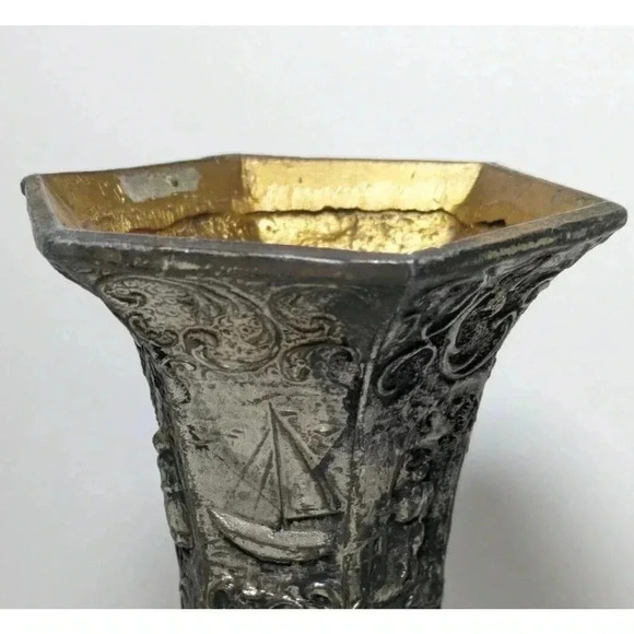 Antique Fine Dutch Silver Finish Vase JSW Repousse Windmills Sailboats Tapered - Picture 5 of 9